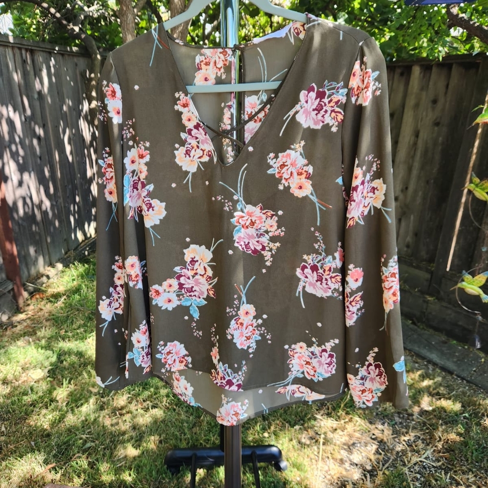 Lush Floral V-Neck Blouse - Olive and Pink